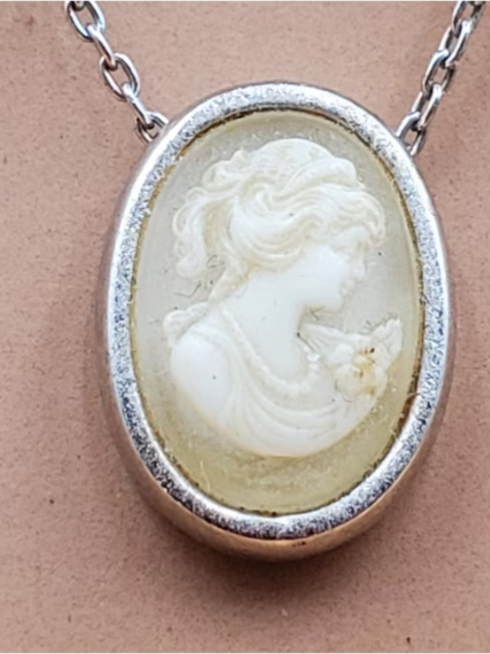 Trifari Cream Cameo Oval Pendant Necklace with Silver Bezel